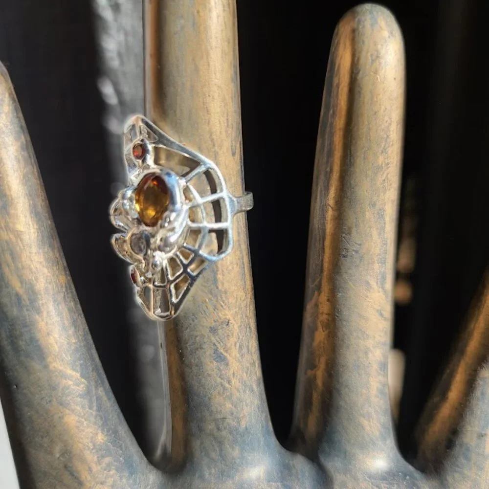 Citrene Garnet & topaz sterling spider on web ring sz6 NEW - Picture 6 of 8